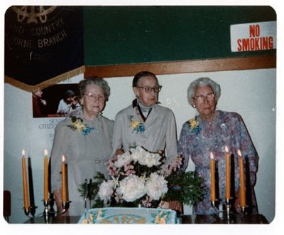 Photograph of Alberta Dyer, Gertrude Bradford and Grace Rutherford, 50th Anniversary, Colborne Women's Institute, Colborne Women's Institute Scrapbook