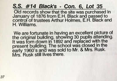 1988 text about history of Black's School, School Section 14, Cramahe Township