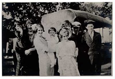 Photograph of Margaret, Sara, Lorne, Lettie, Alex, Grace, McComb, Verna and Una McComb, and McComb family history, Castleton Women's Institute scrapbook