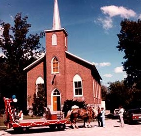 Howard Somerville's horses in front of Castleton United Church (formerly Methodist Church), Cramahe Bicentennial