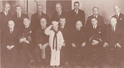 Group photograph of George Kirk, Harry Redfearn, Grant Redfearn, F. McGlennon, Walter Terry, Philip Mathews, Walter Kirk, William Hoskin, Capt. Rooney, Chas. Redfearn, Capt. J. Peacock, Ralph Redfearn, Capt. Goddard, Gordon Terry and Harry Redfearn, Lockport