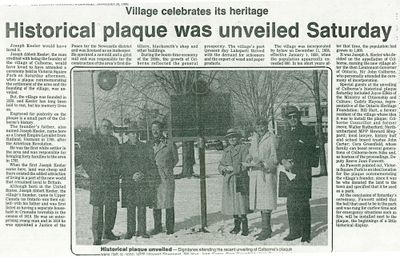 Village celebrates its heritage: Historical plaque was unveiled Saturday, Colborne Chronicle - newspaper clipping