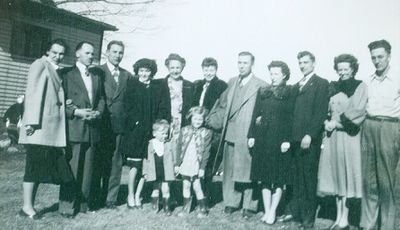 Group photograph of Jean (nee McLaughlin) and Syd Cassan, Clare and Elsie McLaughlin, Henrietta McLaughlin, Chris and James McLaughlin, Marie and Ray McLaughlin, Doris and Delbert McLaughlin, Robert and Arlis McLaughlin, Colborne, Cramahe Township