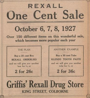 1927 advertising, Griffis Rexall Drug Store, Colborne, Cramahe Township