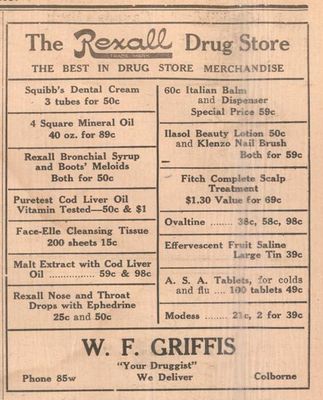 1937 Advertising, Griffis Rexall Drug Store, Colborne, Cramahe Township