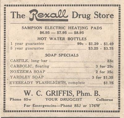 1948 advertising, Griffis Rexall Drug Store, Colborne, Cramahe Township