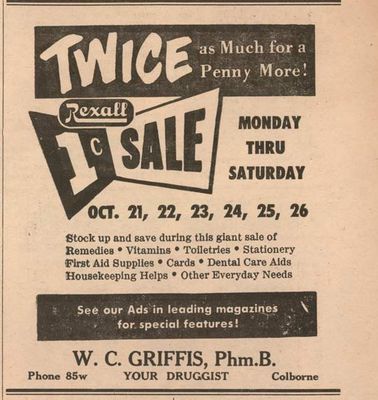 1957 advertising, Griffis Rexall Drug Store, Colborne, Cramahe Township