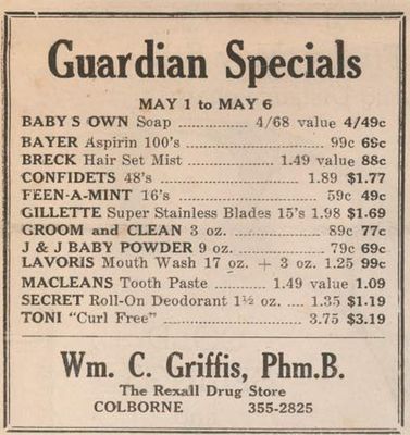 1967 advertising, Griffis Guardian Drug Store, Colborne, Cramahe Township