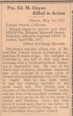 Exhibit, WWI Letters, Colborne Express, 3 May 1917, Onyon