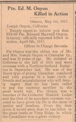 Exhibit, WWI Letters, Colborne Express, 3 May 1917, Onyon