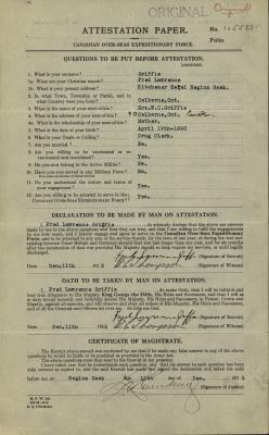 Fred Lawrence Griffis, Service Files, WWI, Cramahe Township