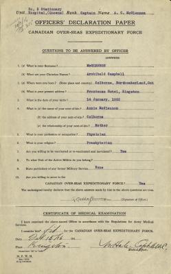 Archibald McGlennon, Service Files, WWI, Cramahe Township