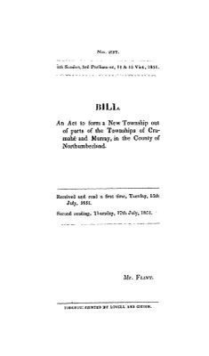 Bill : an act to form a new township out of parts of the townships of Cramahé and Murray, in the county of Northumberland, 1851