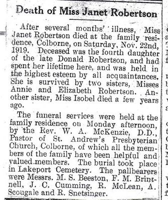 Janet Robertson obituary, newspaper clipping, Colborne, Cramahe Township