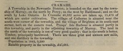 Exhibit, Cramahe description, Smith's Canadian gazetteer: comprising statistical and general information respecting all parts of the Upper Province, or Canada West, 1846