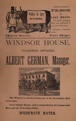 Albert German - Windsor House ad, Union Publishing Co's Farmers' & Business Directory for the counties of Durham, Peterborough, and Victoria 1884, Exhibit