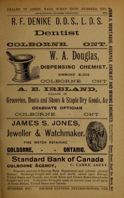 Farmers and Business Directory for the Counties of Durham, Haliburton, Northumberland, Peterboro and Victoria and Districts of  Muskoka, Nipissing, Parry Sound, Algoma and Manitoulin Island for 1903.