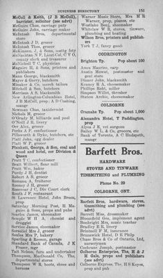 Colborne business listing, Barfett Bros. Hardware, 1916-17 Vernon's Directory - Durham, Haliburton, Northumberland, Ontario, Peterborough, and Victoria counties.