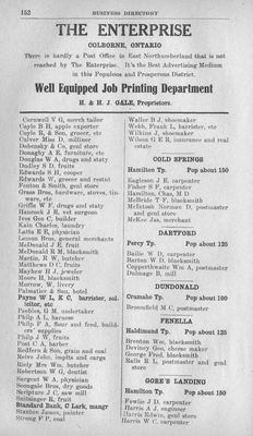 Colborne business listing, The Enterprise, 1916-17 Vernon's Directory - Durham, Haliburton, Northumberland, Ontario, Peterborough, and Victoria counties.