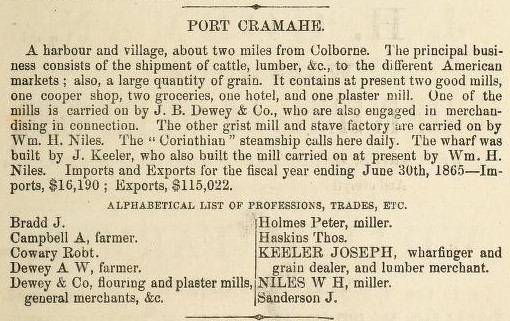 Port Cramahe / Lakeport description, exhibit, Gazetteer and general business directory for the united counties of Northumberland and Durham, for 1865-6