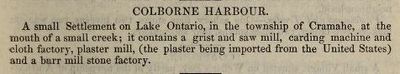 Colborne Harbour description, exhibit, Smith's Canadian gazetteer: comprising statistical and general information respecting all parts of the Upper Province, or Canada West, 1846