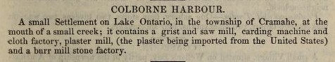 Colborne Harbour description, exhibit, Smith's Canadian gazetteer: comprising statistical and general information respecting all parts of the Upper Province, or Canada West, 1846