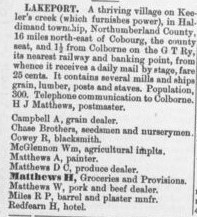 Lakeport description, exhibit, Ontario Gazetteer and Business Directory: 1884-5