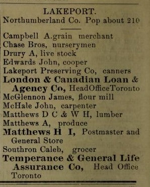 Lakeport description, exhibit, Farmers' and Classified Business Directory for the Counties of Durham, Northumberland, Peterboro and Victoria for 1890