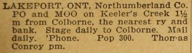 Lakeport description, exhibit, Dominion of Canada and Colony of Newfoundland Gazetteer and Classified Business Directory, 1899