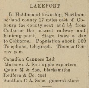 Lakeport description, exhibit, Ontario Gazetteer and Business Directory, 1910-11