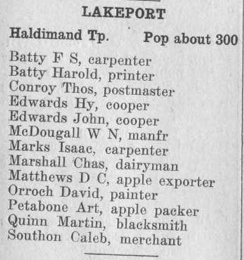 Lakeport description, exhibit, 1916-17 Vernon's Directory - Durham, Haliburton, Northumberland, Ontario, Peterborough, and Victoria counties.