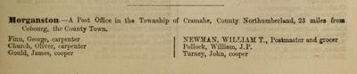 Morganston description, exhibit, The Province of Ontario Gazetteer and Directory, containing concise descriptions of cities, towns and villages in the province, with names of professional and business men and principal inhabitants, 1869