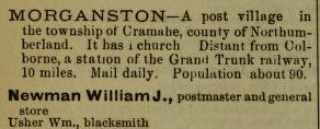 Morganston description, exhibit, Lovell's Business and Professional Directory of the Province of Ontario, for 1882, Alphabetically arranged as to Places, Names, Business and Professions, with a Classified Business Directory of the City of Montreal