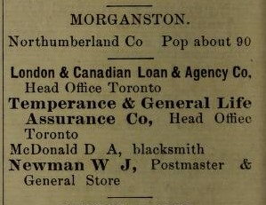 Morganston description, exhibit, Farmers' and Classified Business Directory for the Counties of Durham, Northumberland, Peterboro and Victoria for 1890