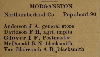 Morganston description, exhibit, Farmers and Business Directory for the Counties of Durham, Haliburton, Northumberland, Peterboro and Victoria and Districts of  Muskoka, Nipissing, Parry Sound, Algoma and Manitoulin Island for 1903.