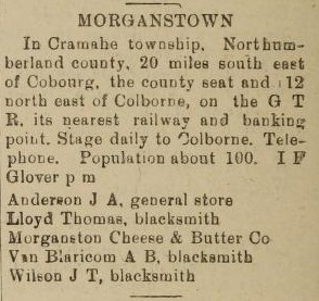 Morganston description, exhibit, Ontario Gazetteer and Business Directory, 1910-11