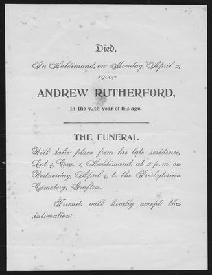 Andrew Rutherford, funeral announcement, Haldimand Township