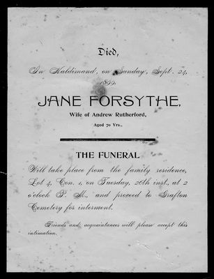 Jane Forsythe, funeral announcement, Haldimand Township