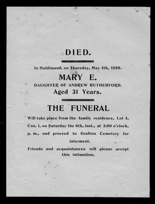 Mary E. Rutherford, funeral announcement, Haldimand Township