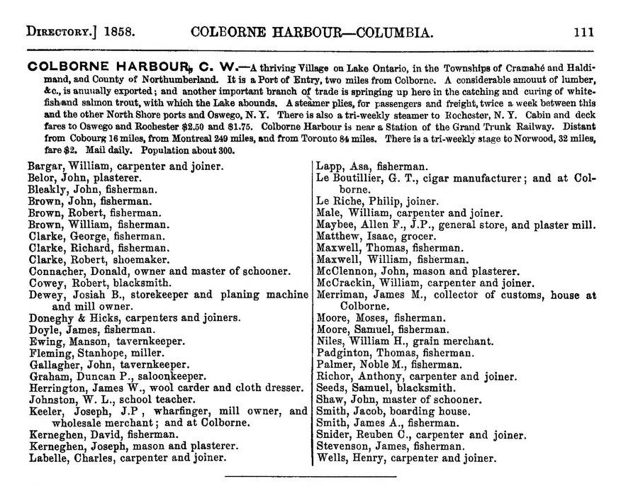 Colborne Harbour / Port Cramahe / Lakeport description, The Canada directory for 1857-58