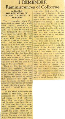 The Beginning of Electric Lighting in Colborne, Jim Bell newspaper clipping, Colborne, Cramahe Township