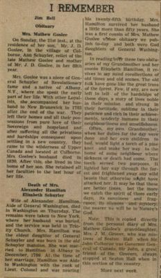 Mrs. Matthew Goslee (Anne Schuyler) obituary, Jim Bell newspaper clipping, Colborne, Cramahe Township