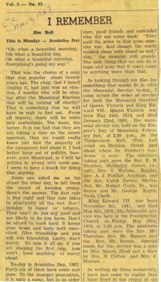 This is Monday - Armistice Day, Jim Bell newspaper clipping, 14 November 1963, Colborne, Cramahe Township