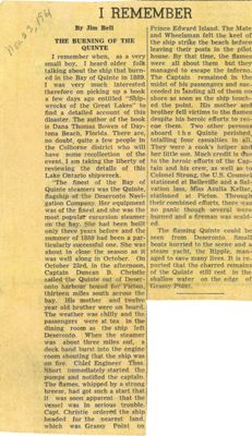 The Burning of the Quinte, Jim Bell newspaper clipping, 23 November 1961, Colborne, Cramahe Township