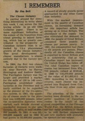 The Cheese Industry, Jim Bell newspaper clipping, 
5 April 1962, Colborne, Cramahe Township