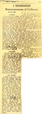 Reminiscences of Colborne, Jim Bell newspaper clipping,  Colborne, Cramahe Township