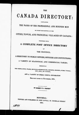 The Canada Directory, 1851, Colborne, Cramahe Township