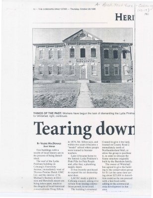 Article regarding the tearing down of the Lydia Pinkham building, St.Michael's Rectory and the moving of Whitehall.