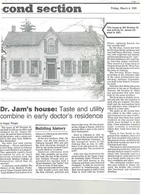 Article regarding Dr. Jam's (James Gilchrist) house at 297 Division St.