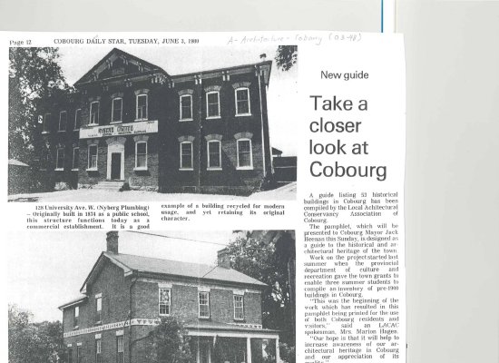 <b>Article regarding a 1980 pamphlet compiled by LACAC listing 53 historical buildings in Cobourg <b>